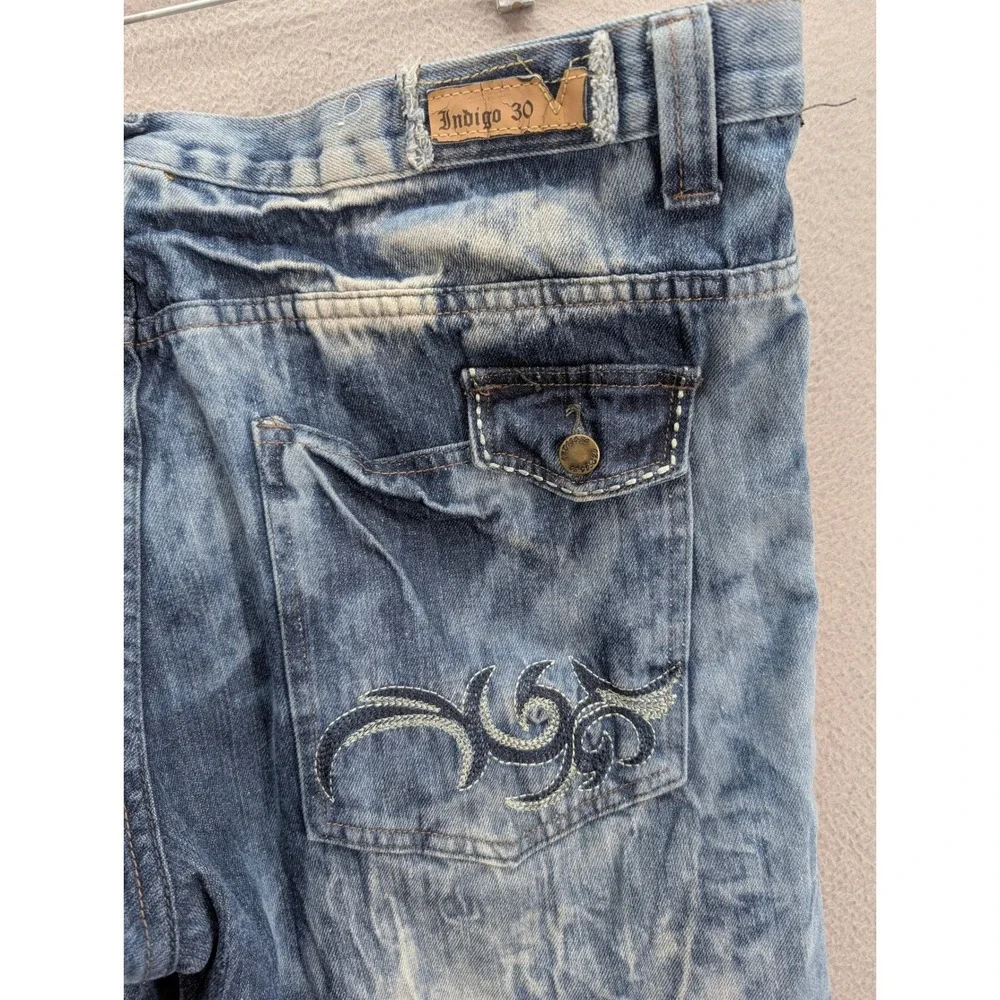 Indigo-30‎ Acid Wash Denim Jeans Men's 40x32 Blue Embellished Relaxed Fit Grunge